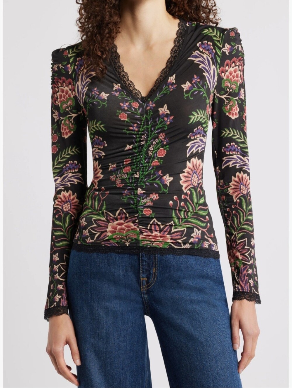 FARM RIO Floral Lace-Trim Ruched Long-Sleeve Top - Black/Pink